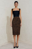 Black and Brown Pencil Cheetah Print Square Neck Midi Work Dress