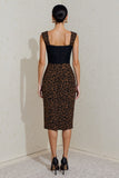 Black and Brown Pencil Cheetah Print Square Neck Midi Work Dress