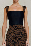 Black and Brown Pencil Cheetah Print Square Neck Midi Work Dress