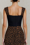 Black and Brown Pencil Cheetah Print Square Neck Midi Work Dress