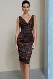 Brown Leopard Print Pencil V-Neck Ruched Midi Work Dress