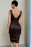 Brown Leopard Print Pencil V-Neck Ruched Midi Work Dress