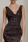 Brown Leopard Print Pencil V-Neck Ruched Midi Work Dress