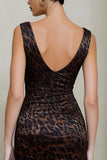 Brown Leopard Print Pencil V-Neck Ruched Midi Work Dress