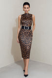 Brown Pencil Leopard Print Midi Work Dress with Belt