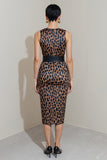 Brown Pencil Leopard Print Midi Work Dress with Belt
