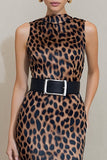 Brown Pencil Leopard Print Midi Work Dress with Belt