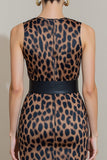 Brown Pencil Leopard Print Midi Work Dress with Belt