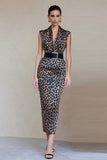Brown V-Neck Leopard Print Pencil Long Work Dress with Belt