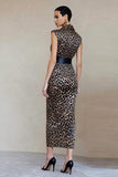 Brown V-Neck Leopard Print Pencil Long Work Dress with Belt