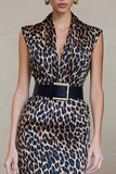 Brown V-Neck Leopard Print Pencil Long Work Dress with Belt