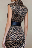Brown V-Neck Leopard Print Pencil Long Work Dress with Belt