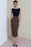 Black and Brown Leopard Print Pencil Midi Work Dress with Slit