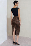 Black and Brown Leopard Print Pencil Midi Work Dress with Slit