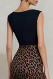 Black and Brown Leopard Print Pencil Midi Work Dress with Slit