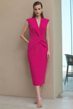 Fuchsia Pencil V-Neck Ruched Midi Work Dress