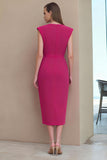 Fuchsia Pencil V-Neck Ruched Midi Work Dress