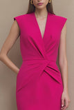 Fuchsia Pencil V-Neck Ruched Midi Work Dress