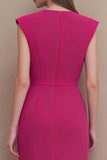 Fuchsia Pencil V-Neck Ruched Midi Work Dress