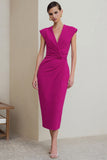Fuchsia Pencil V-Neck Ruched Midi Work Dress