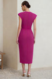 Fuchsia Pencil V-Neck Ruched Midi Work Dress