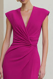 Fuchsia Pencil V-Neck Ruched Midi Work Dress