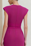 Fuchsia Pencil V-Neck Ruched Midi Work Dress