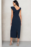 Navy Asymmetrical Neck Pencil Ruched Work Dress with Slit