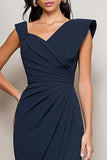 Navy Asymmetrical Neck Pencil Ruched Work Dress with Slit
