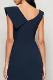 Navy Asymmetrical Neck Pencil Ruched Work Dress with Slit