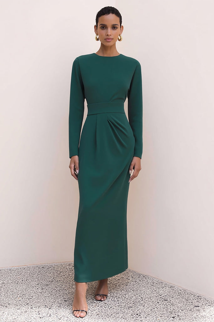 Leely Women Dark Green Pencil Long Work Dress with Sleeves Crew Neck