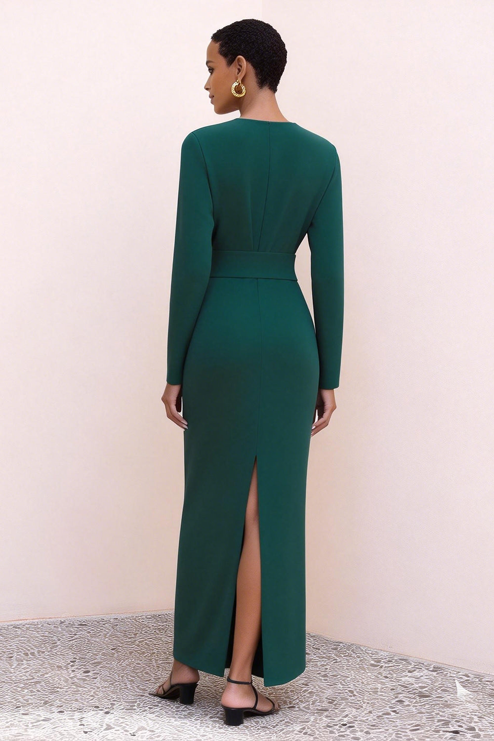 Leely Women Dark Green Pencil Long Work Dress with Sleeves Crew Neck