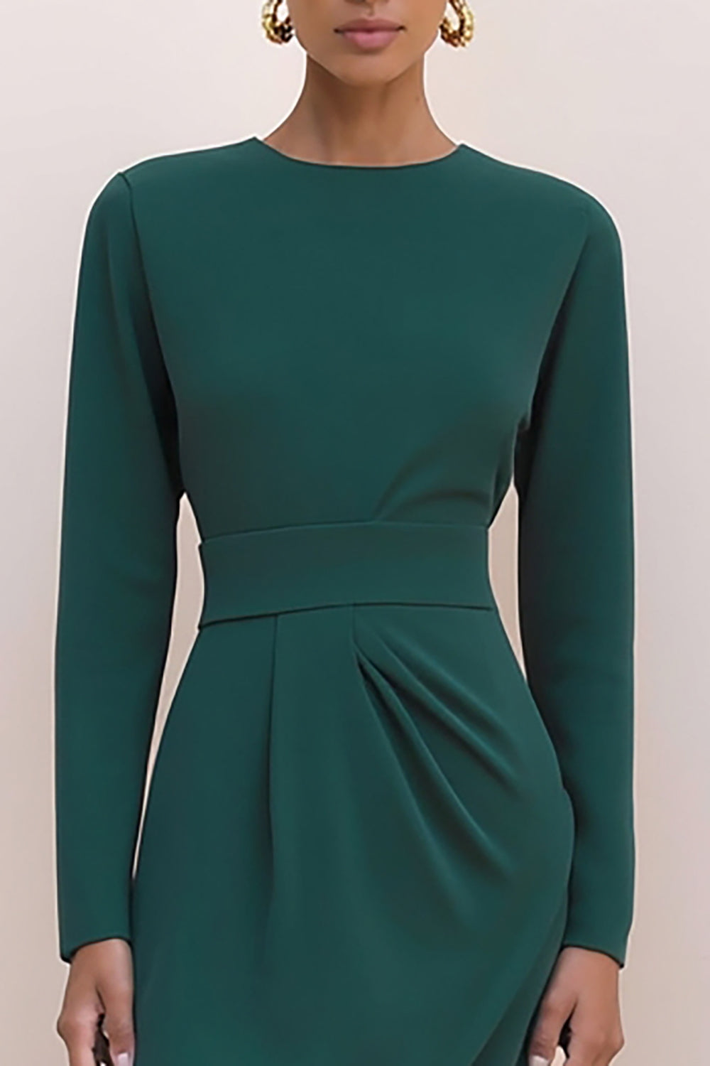 Leely Women Dark Green Pencil Long Work Dress with Sleeves Crew Neck