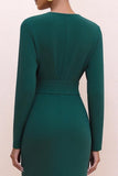 Dark Green Pencil Crew Neck Long Sleeves Work Dress