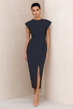 Navy Pencil  Round Neck Ruched Midi Work Dress with Slit