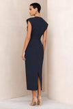 Navy Pencil  Round Neck Ruched Midi Work Dress with Slit