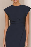 Navy Pencil  Round Neck Ruched Midi Work Dress with Slit