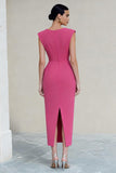 Hot Pink Pencil V-Neck Ruched Long Work Dress with Slit