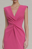 Hot Pink Pencil V-Neck Ruched Long Work Dress with Slit