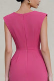 Hot Pink Pencil V-Neck Ruched Long Work Dress with Slit