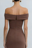 Brown Pencil Off the Shoulder Midi Work Dress with Slit
