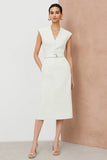 White Pencil V-Neck Midi Work Dress with Belt