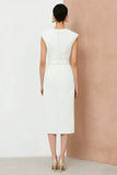 White Pencil V-Neck Midi Work Dress with Belt