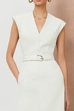 White Pencil V-Neck Midi Work Dress with Belt