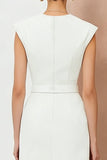 White Pencil V-Neck Midi Work Dress with Belt