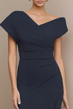 Navy Asymmetrical Neck Pencil Ruched Work Dress