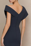 Navy Asymmetrical Neck Pencil Ruched Work Dress