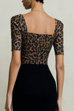 Black and Brown Leopard Print Square Neck Midi Work Dress