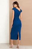 Royal Blue Asymmetrical Neck Pencil Ruched Midi Work Dress with Slit
