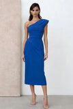 Royal Blue One Shoulder Pencil Ruched Midi Work Dress